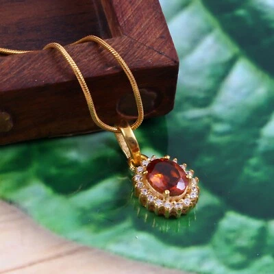 Collar Colgante Hessonita Granate Halo Declaración Art Deco Chapado en Oro 18k Plata Foto 1 de 3