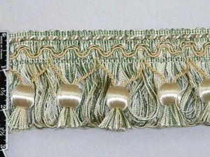 2.5" Confetti Ball Tassel Fringe Trim Gold Green Ivory Per Yard - Picture 1 of 2