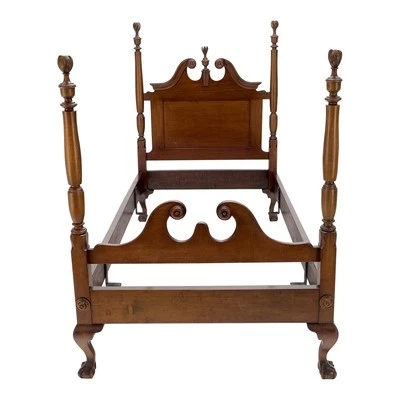 Antique Solid Carved Mahogany Twin Size Poster Complete Bed Mint! - Image 1 of 4