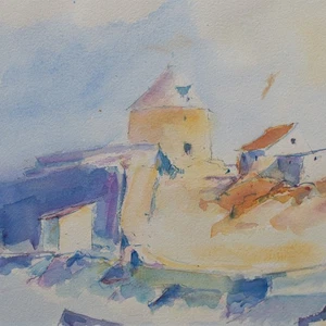 Küstenlandschaft Ortsansicht Rundkirche Möller signiert Aquarell 1992 - Picture 1 of 4