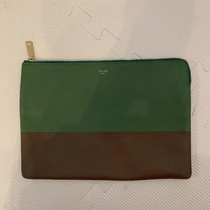 CELINE Leder Clutch Tasche grün braun einfarbig Echtleder Made in Italy - Bild 1 von 24