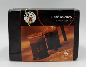 Vintage Mickey & Co Glass And Metal Coffee Drink Cup Set Of 2 Cafe Mickey Mouse - Picture 1 of 4