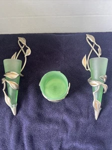 Bombay Frosted Green Glass Wall Vase And Candle Holder Heavy Metal Holders - Picture 1 of 17