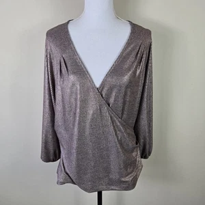 Anthropologie Top Womens XL Rose Metallic Wrap Surplice Stretch Pullover V Neck - Picture 1 of 16