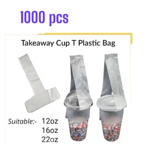1,000Pcs Clear Plastic Cup Carrier Handle Drink T Delivery Container Hanging Bag - Picture 1 of 9