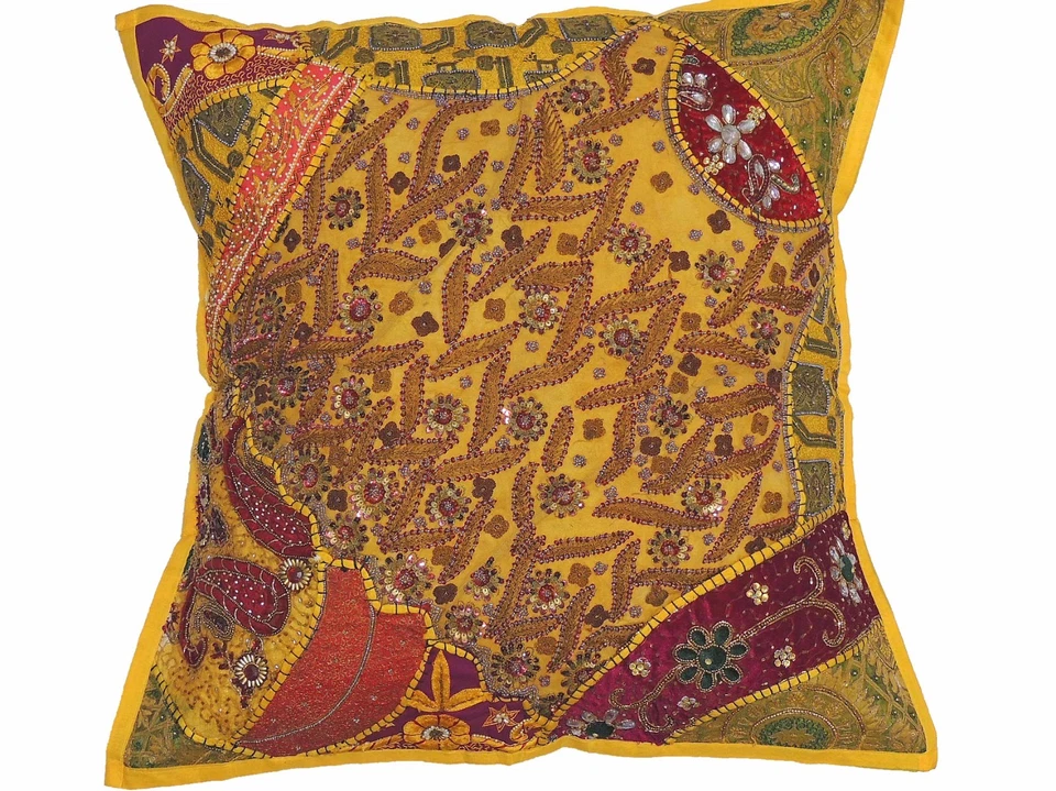 Yellow Floor Pillow Cover Handmade Bollywood Ethnic Style Sari Big Euro Sham 26" - Image 1 of 4
