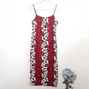 VTG Y2K 90s Red Hawaiian Maxi Dress size 4, GUC! Hibiscus White Black Long Retro - Picture 1 of 11