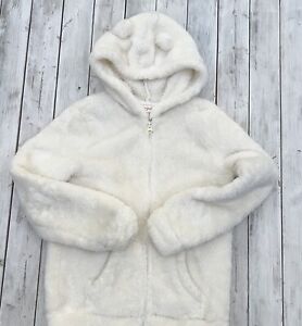 Faux Fur Zip Up Hoodie Girls Cat&Jack Size7/8 White With Ears GUC