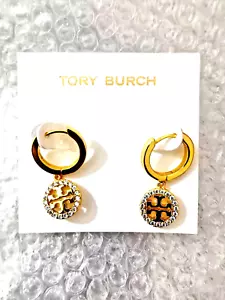 TORY BURCH ZIRCON INLAID HOLLOWWORK GOLD LOGO Earrings - Picture 1 of 2