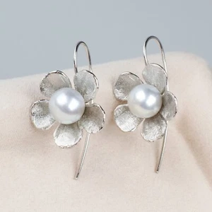 8mm+ Silver Japanese Akoya Saltwater Pearl Dangle Earrings Sterling Silver,1.4" - Picture 1 of 8