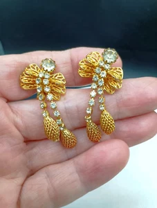 Vintage Libelle Ohrringe Clip Hänger Tropfen verziert Käfer Strass goldfarben 1,5" - Bild 1 von 9