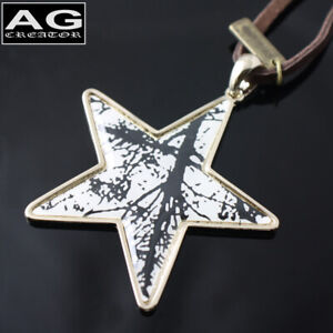 Black and white star pendant with 31" brown leather necklace US SELLER