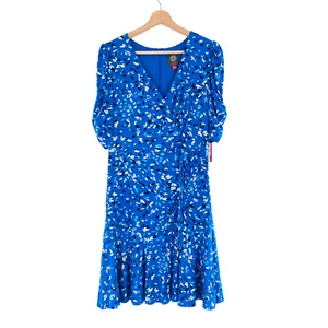 Vince Camuto Floral Print Cinched V-Neck Short Sleeve Dress in Blue - Picture 1 of 4