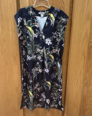 H&M Tropical Floral Bird Print Navy Blue Dress S - Image 1 of 4