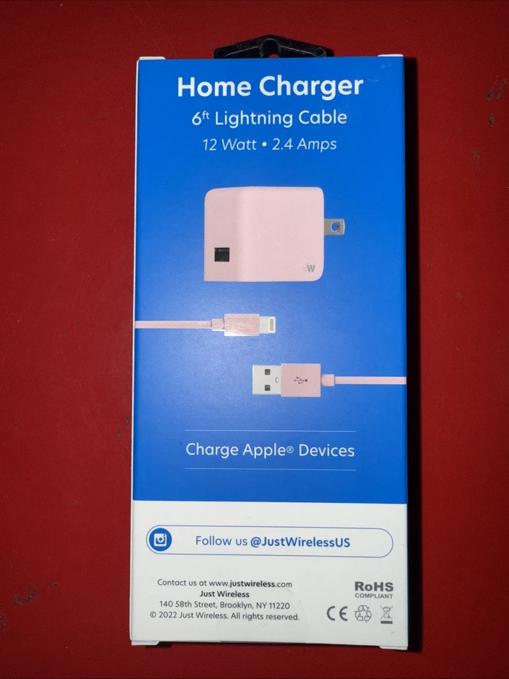Cargador de pared Just Wireless 12W con cable Lightning USB de 5 pies certificado MFi rosa Foto 1 de 2