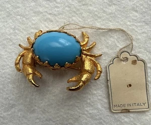 Broche Cangrejo Vintage Turquesa Y Tono Dorado Pin Zodiaco Cáncer Años 60 Italia - Imagen 1 de 7