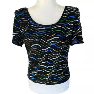 80s Vintage Laurence Kazar Blouse Sequin Beaded Silk Shirt Striped Glam Retro - Picture 1 of 11