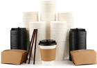 100 Pack 12 Oz Disposable Coffee Cups with Lids, Sleeves, Stir Straws White Pape