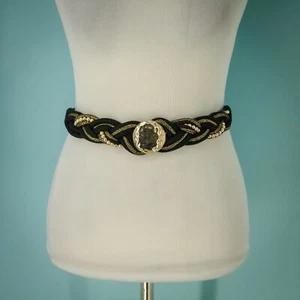 Cintura Elastica Senza Marca Small S Vintage Tessuto Corda Intrecciata Perla Metallo Martellato - Foto 1 di 4