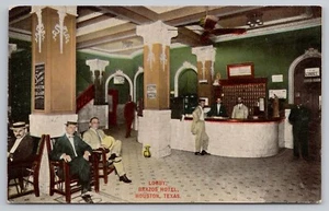 1910s Houston Texas Hotel Brazos Lobby Interior Gentlemen & Staff UNP Postcard - Picture 1 of 3