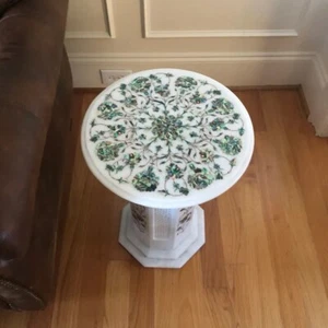 Mesa auxiliar redonda de mármol blanco de 15"x15" con incrustaciones de Pauashell floral Art Deco - Imagen 1 de 3