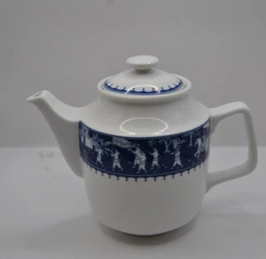 Vintage Tea Pot by Minh Long Vietnam Blue and White, people parading - Picture 1 of 24