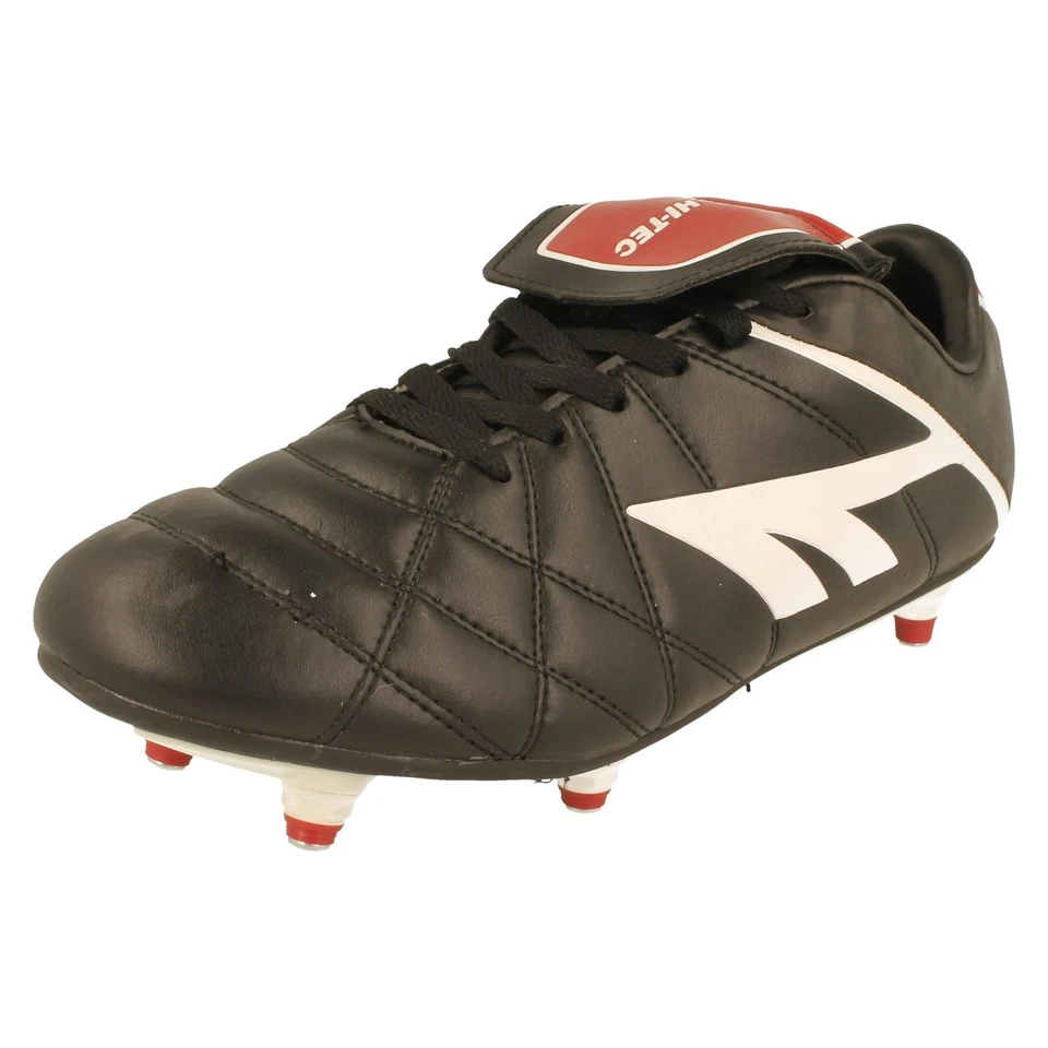 Garçons Hi Tec Noir à Lacets Clouté Chaussures de Foot Souple Sol League Pro - Photo 1/4