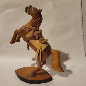 6" Hand Carved Wood & Leather Rearing Saddled Horse Figure Carving Statue VTG - Picture 1 of 10