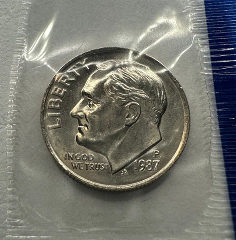 1987-P Roosevelt Dime 10cent Coin from Mint Cellophane Set - Uncirculated Cover
