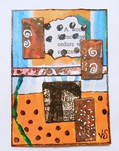 ACEO ATC Acrylic Painting and Collage Collectible Card Black White Orange Blue - Picture 1 of 3