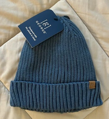 George Blue Ribbed Cuff Beanie Lined Mountain Tag Recycled Fibers One Size NWT - Image 1 of 3