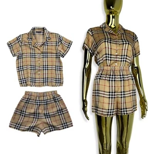 Archival 🔥 Burberry Vintage Nova Check Silk Set Shirt Shorts 2 Piece Size S - Picture 1 of 17