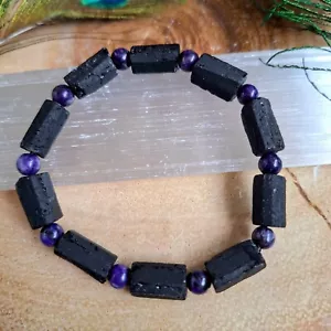 Raw black tourmaline and charoite bracelet crystal healing bead bracelet - Picture 1 of 10