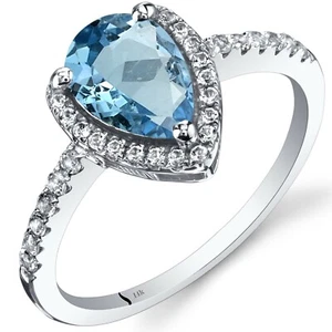 14K White Gold Swiss Blue Topaz Open Halo Ring Pear Shape 1.50 Cts Sizes 5 to 9 - Picture 1 of 2