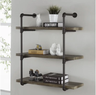 Three Tier Faux Wood Industrial Pipe Wall Shelf Decorative Shelving Home Decor - Image 1 of 4