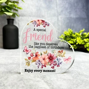 Friend Watercolour Floral Happy Birthday Present Heart Plaque Keepsake Gift - Picture 1 of 3