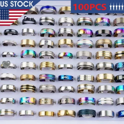 100x Stainless Steel Rings Mixed Lot for Men's Women's Fashion Jewelry Wholesale - Image 1 of 4
