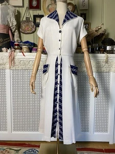 Vintage 1940a Nautical Embroidered Blue & White Linen Dress - Picture 1 of 8