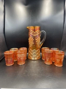 9 PC FENTON MARIGOLD CARNIVAL GLASS GRAPEVINE & LATTICE PITCHER AND 8 TUMBLERS - Picture 1 of 14