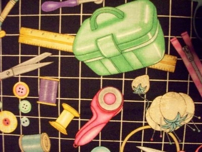 SEWING MAT SEW SUPPLIES THREAD PIN CUSHION BLK COTTON FABRIC FQ - Image 1 of 4