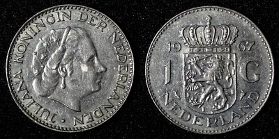 Netherlands Juliana Nickel  1967 Fish 1 Gulden 25 mm Royal Dutch KM# 184a  (942) - Image 1 of 3