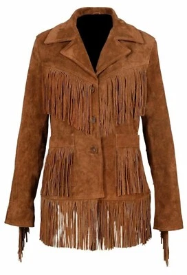 Abrigo chaqueta vaquera de cuero de gamuza con flecos estilo nativo occidental para mujer Foto 1 de 3
