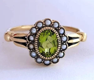 s Genuine 9K Yellow Gold Natural Peridot & Pearl Cluster Tulip Halo Ring size 8 - Picture 1 of 3