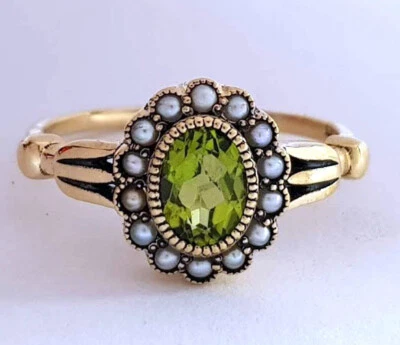 Anillo de halo de tulipán con racimo de perlas y peridoto natural de oro amarillo de 9 quilates genuino talla 8 Foto 1 de 3