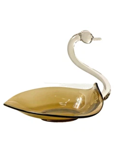 Duncan Miller Glass Swan Vintage Bowl Hand Blown Amber Clear Neck 6" Tall - Picture 1 of 6