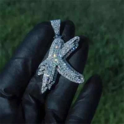 2Ct Round Cut Moissanite Custom "K" Initial Letter Pendant 14K White Gold Plated - Image 1 of 4