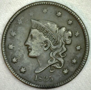 Moneda de un centavo grande de cobre con cabeza de corona de 1835 moneda de 1 c de Estados Unidos muy fina - Imagen 1 de 2