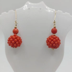 Pendientes coral tejido, coral mediterráneo natural, oro 18kt, auténticos - Imagen 1 de 7