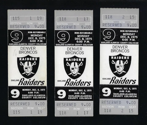 Lot of 3 - 1975 DENVER BRONCOS @ OAKLAND RAIDERS FULL NFL FOOTBALL TICKETS Cover