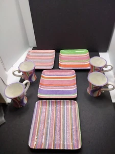 BELLA CASA BY GANZ 4 CERAMIC Plates and 4 COFFEE CUP, pastel multi colored. - Picture 1 of 15